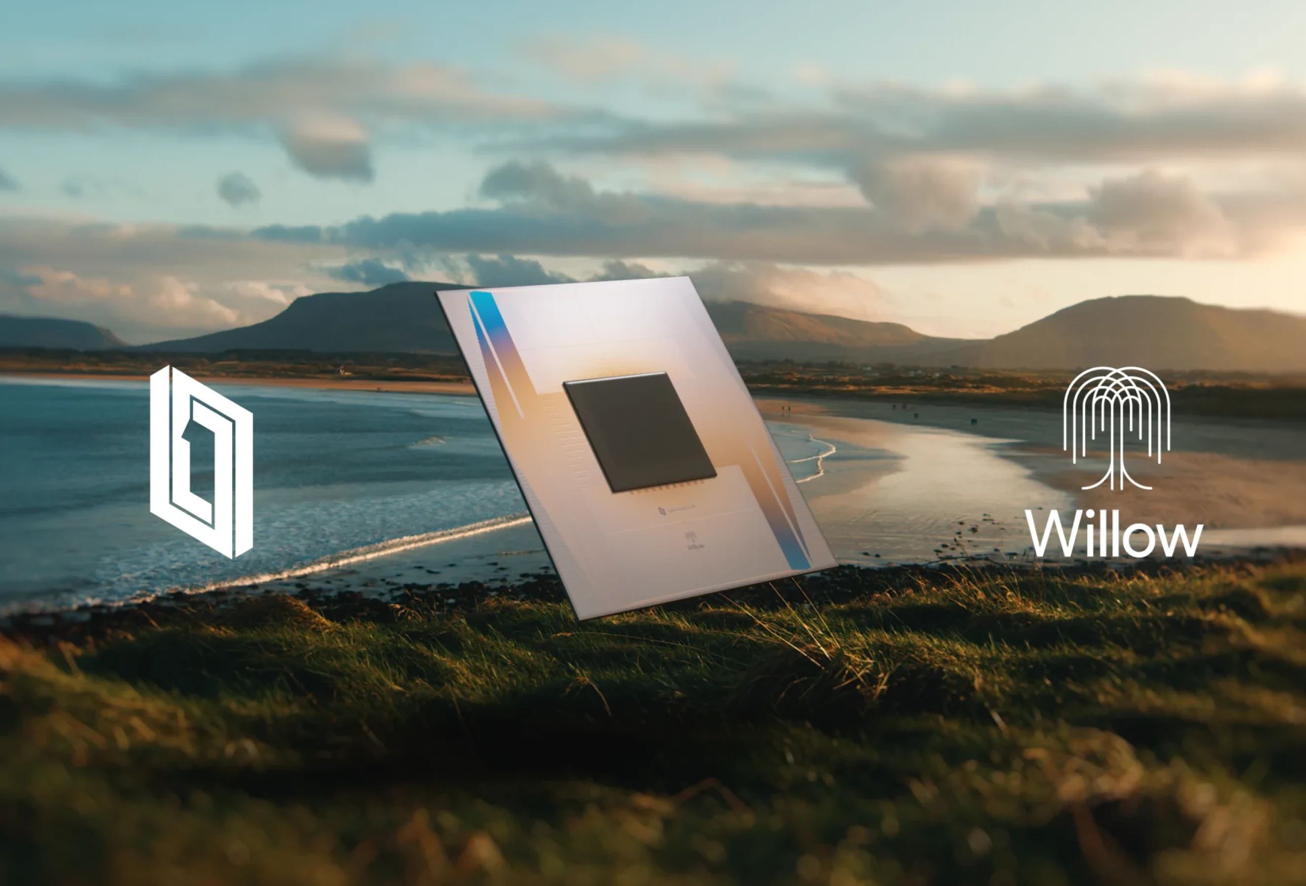 Illustration of the coast of California behind a quantum chip and the phrase willow